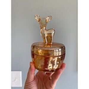 Vintage Jeanette Marigold Carnival Glass Deer Fawn Trinket Powder Jar Dish 6" Ta